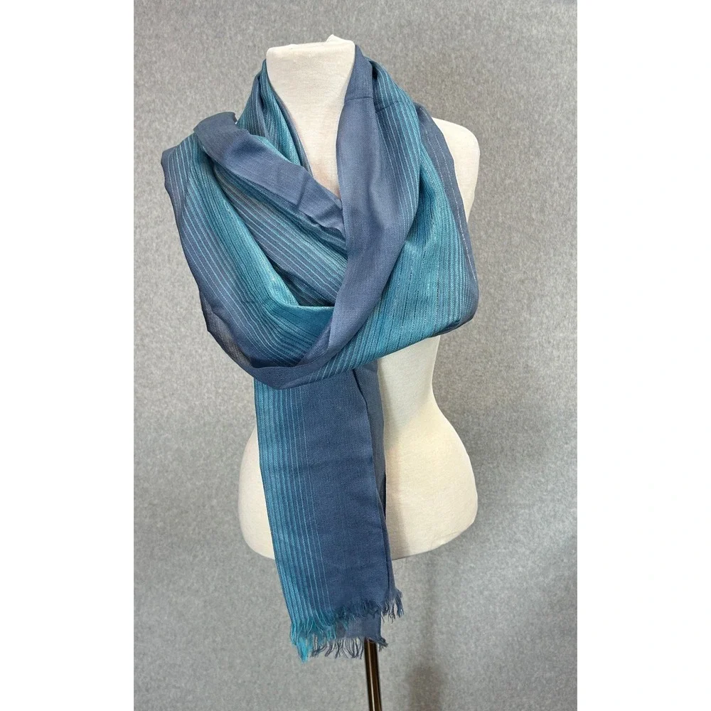 Blue Teal Metallic Silver Stripe‎ Scarf Shawl Fringe 76